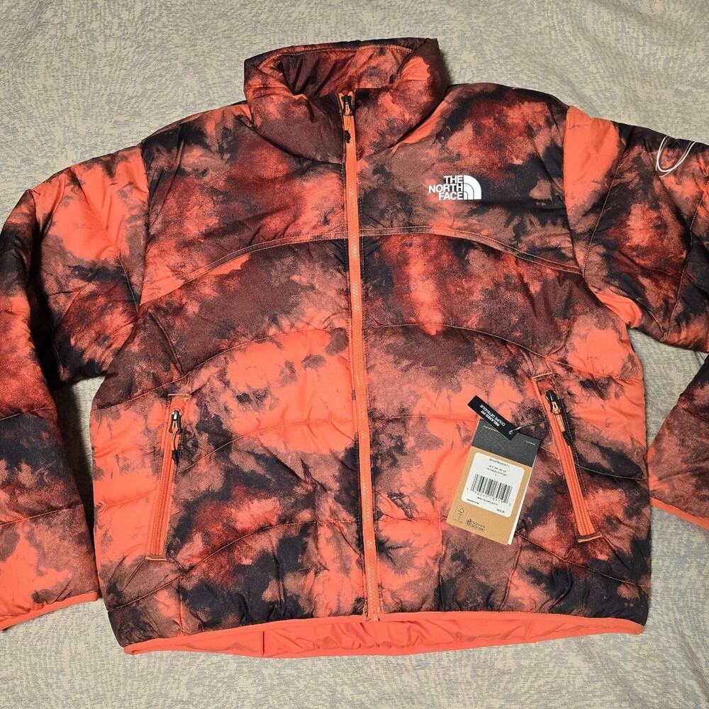 Women's The North Face 2000 Retro Nuptse Jacket in a coral/black tie-dye print
